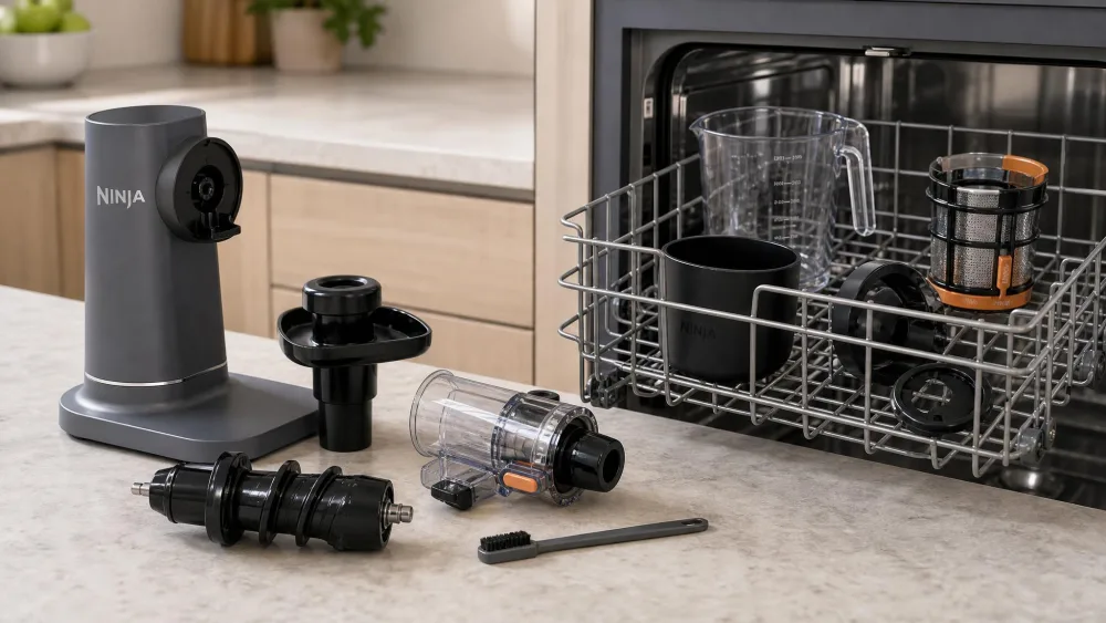 The Ninja NeverClog JC151 disassembled on a counter with its pulp filter, juice jug, and auger parts loaded into a dishwasher rack