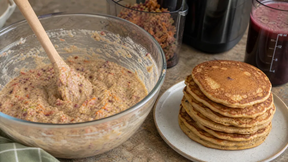 Leftover pulp from a juicing batch folded into pancake batter in a mixing bowl, with a finished stack of pancakes beside it