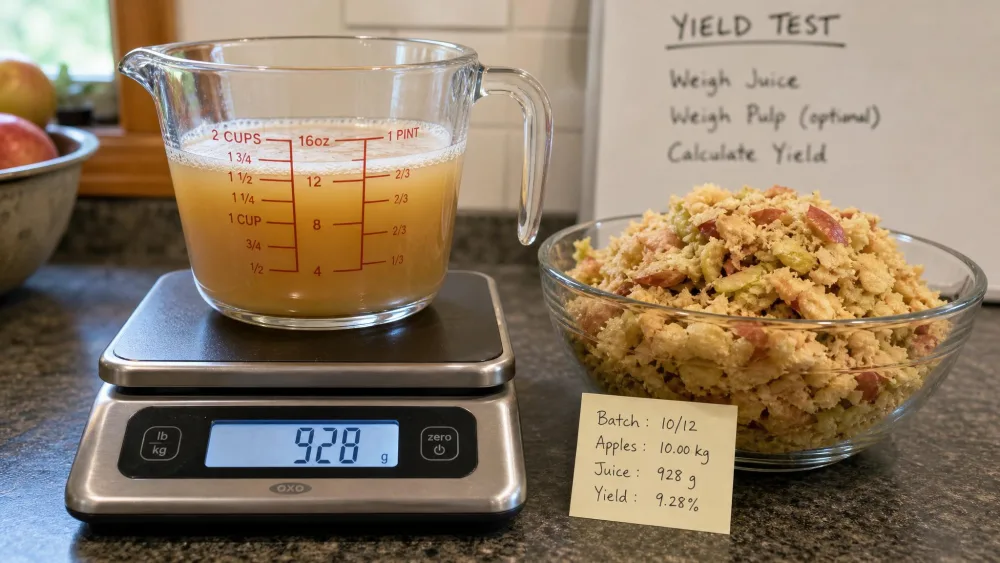A kitchen scale weighing freshly pressed apple juice in a measuring cup during yield testing, with the squeezed pulp from the same batch beside it