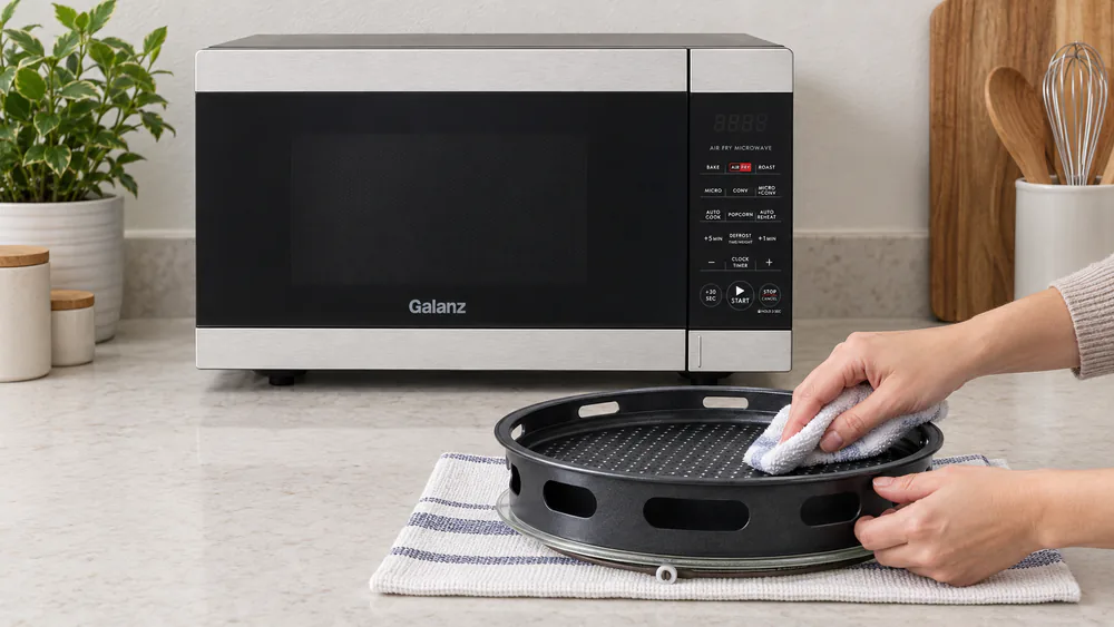 A nonstick Galanz air fry tray being wiped clean with a damp cloth over a kitchen counter