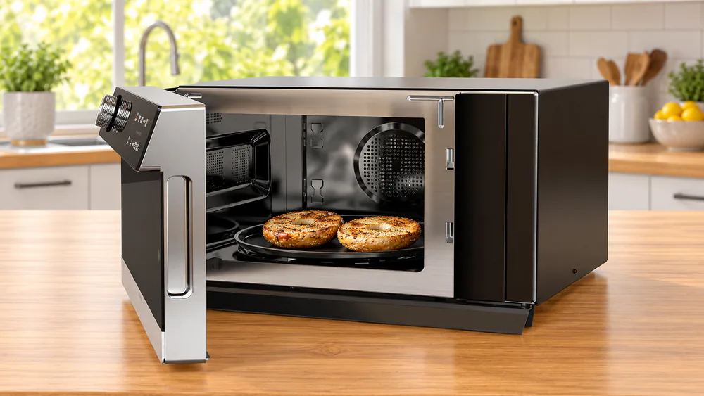 Galanz 1.2 cu ft ToastWave with its door open and a bagel toasting on the nonstick air fry tray inside a stainless cavity