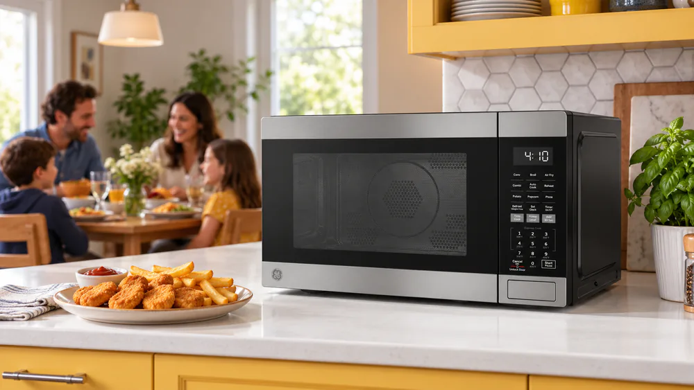A plate of golden chicken nuggets and fries beside the GE countertop microwave at a busy family dinner