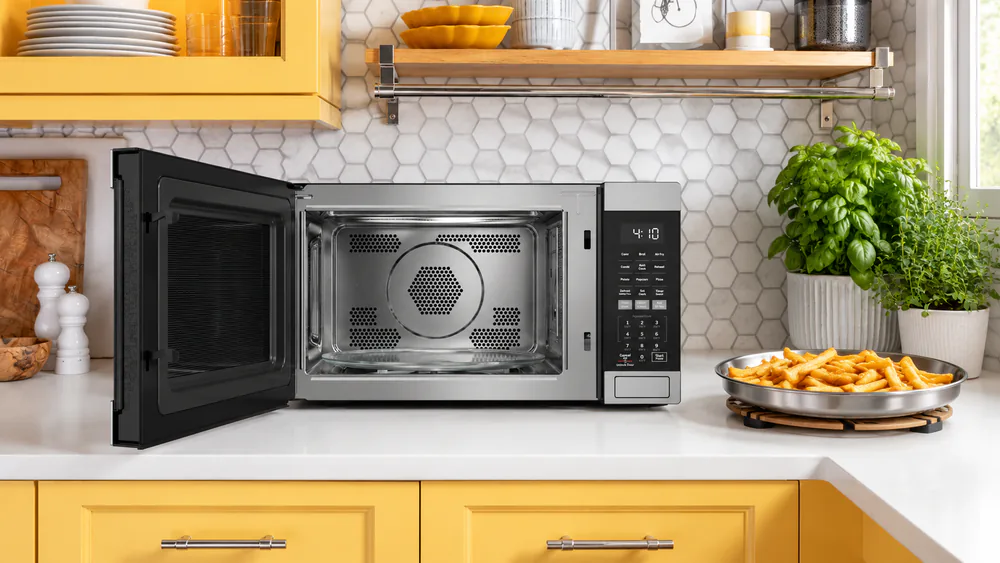 A stainless steel crisper pan of golden frozen fries on the counter beside an open GE countertop microwave