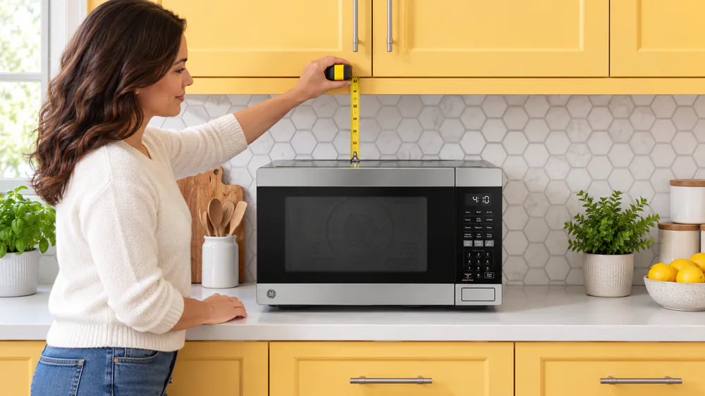 A family cook measuring the counter space and cabinet clearance above a GE countertop microwave with a tape measure