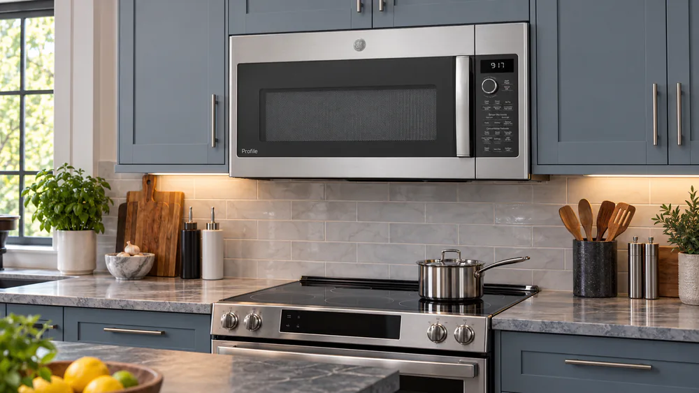 A GE Profile over-the-range microwave with air fry installed above a stainless range in a family kitchen