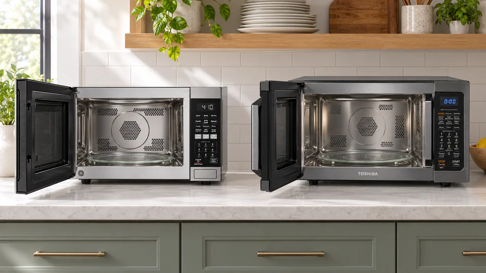 A GE countertop microwave and a Toshiba countertop microwave with air fry side by side on a family kitchen counter, both doors open