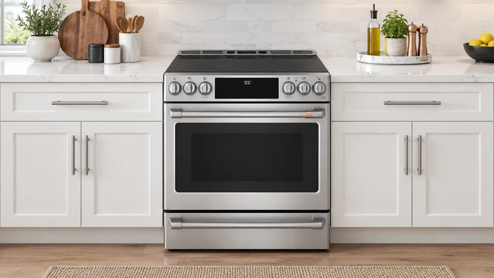 A stainless GE Café CHS900P2MS1 induction slide-in range with customizable brushed hardware installed between white cabinets