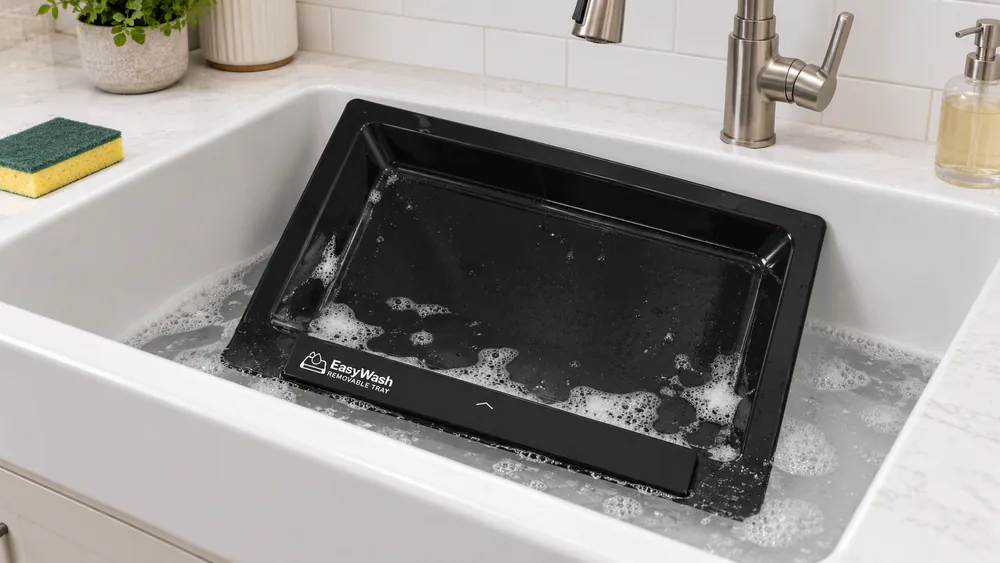 The removable EasyWash oven tray from a GE GRF600AVSS lifted out and resting in a kitchen sink with soapy water