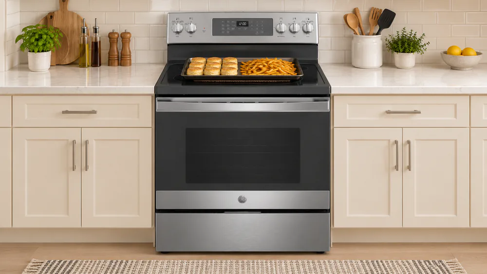 A dark sheet pan of golden biscuits and french fries fresh out of a GE JB735SPSS oven, resting on a heatproof trivet on the black glass cooktop