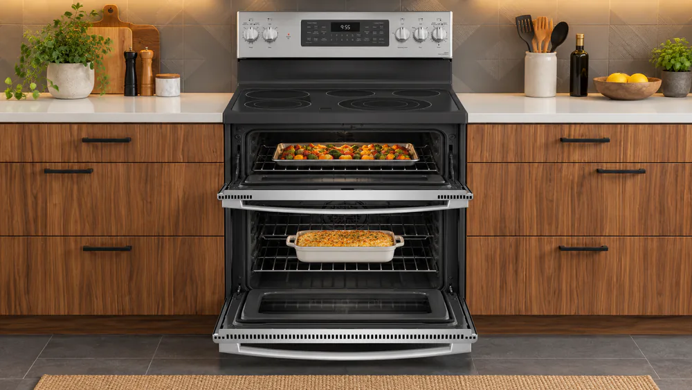 The GE Profile PB965YPFS double oven with both oven doors open, a sheet pan of roasted vegetables in the top oven and a casserole in the lower oven