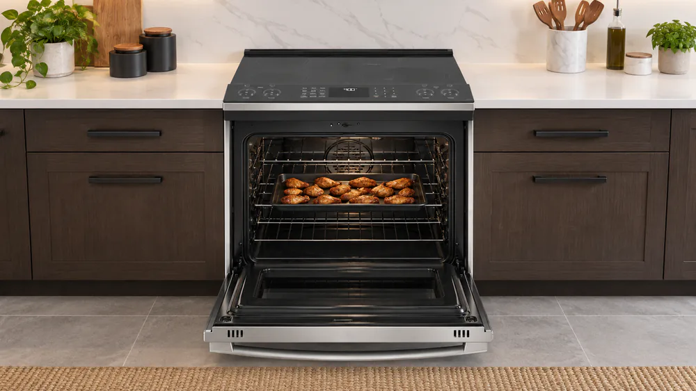 Chicken wings in a single layer on a dark low-rimmed sheet pan on the center rack of a GE range oven, skin browned and crisp