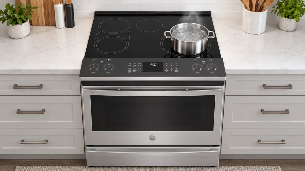 A stainless pot of water at a rolling boil on the front-right induction element of the GE Profile PHS930YPFS glass cooktop