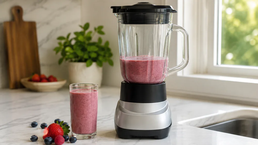 BLACK+DECKER PowerCrush blending a berry smoothie in its thick 6-cup glass jar with the PerfectPour spout lid.