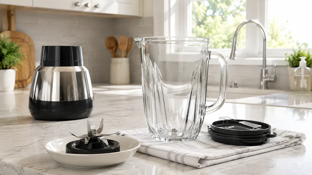 BLACK+DECKER Quiet Blender BL1130SG with the FusionBlade assembly lifted off for washing, no seal ring underneath the 6-cup glass jar.