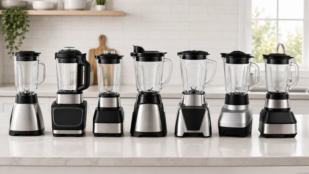 Seven glass jar blenders lined up on a test kitchen counter, glass jars from 40 oz to 64 oz.