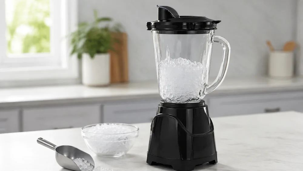 Hamilton Beach Power Elite 40 oz glass jar on its base after an ice crush test, Ice Sabre blades visible.