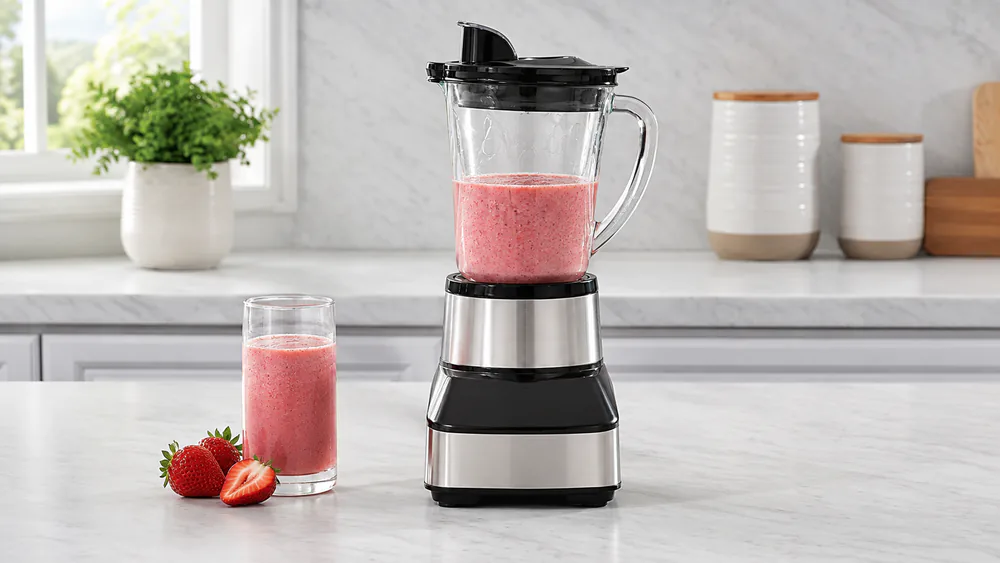 Hamilton Beach Wave Crusher 40 oz glass jar full of a strawberry smoothie, Wave Action blades spinning below the lid.
