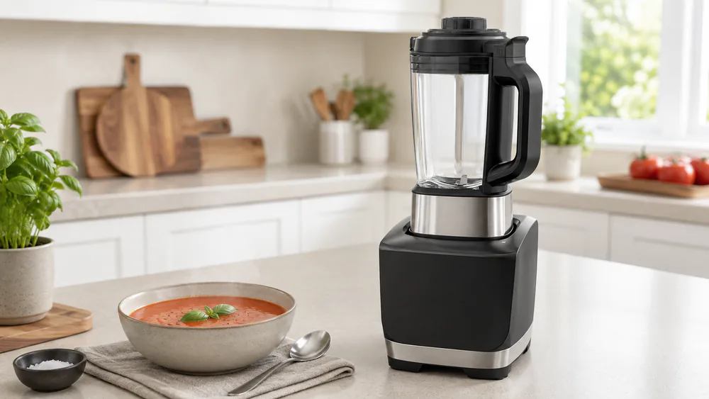 Ninja Foodi Cold & Hot glass pitcher full of cooked tomato soup, steam rising from the lid insert on its tall base.