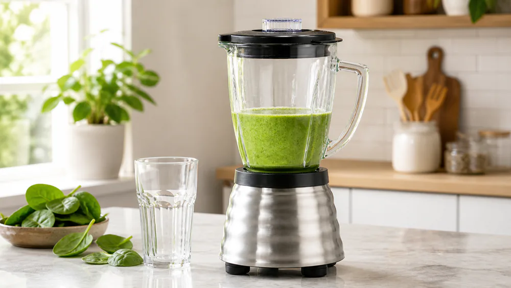 Oster Classic Series Heritage with its stainless base and 6-cup Boroclass glass jar holding a green smoothie.