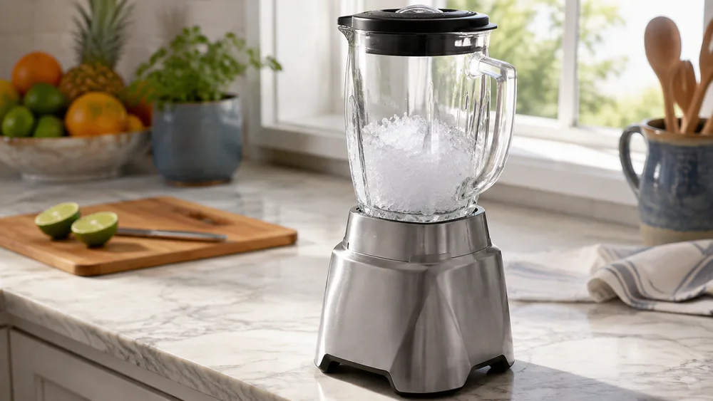 Oster Pro 1200 crushing ice cubes to snow in its 6-cup Boroclass borosilicate glass jar.
