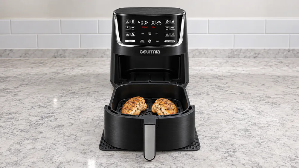 A Gourmia 4 quart air fryer basket pulled out, holding two chicken breasts in a single layer with space around each piece