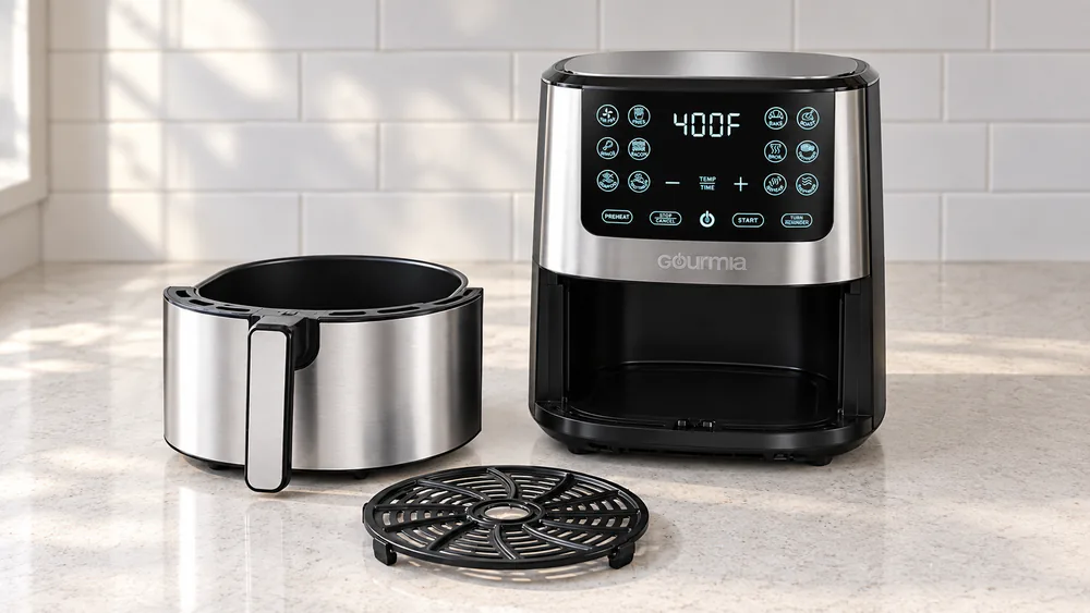 The stainless steel Gourmia 4 quart air fryer with the nonstick basket and crisper plate pulled out beside it on a countertop
