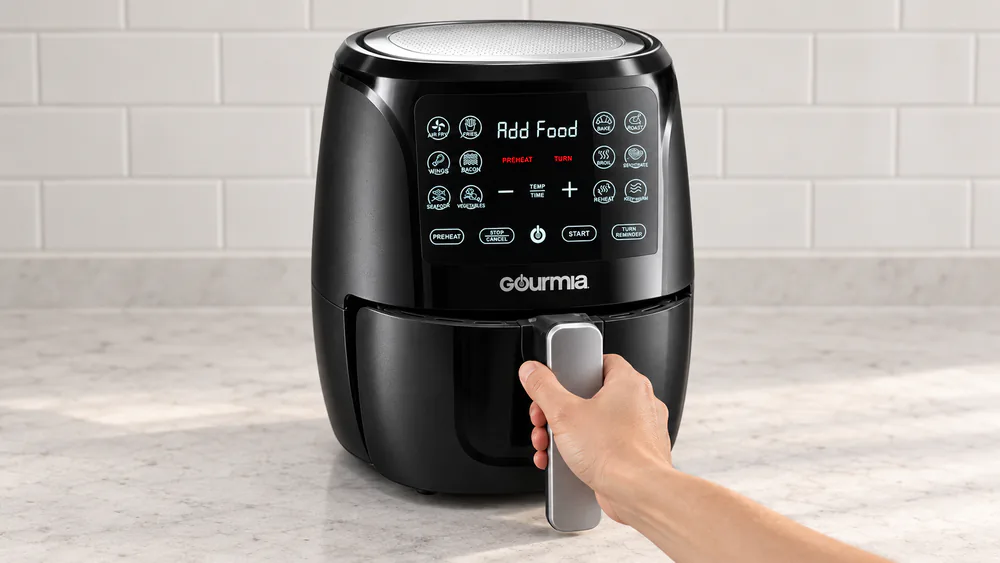 Close-up of the Gourmia GAF486 digital display showing the Add Food prompt after preheating, basket slightly open