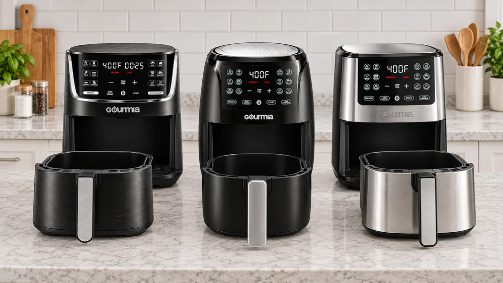 The Gourmia GAF414, GAF486, and stainless steel 4 quart air fryers lined up side by side on a kitchen counter with baskets pulled out