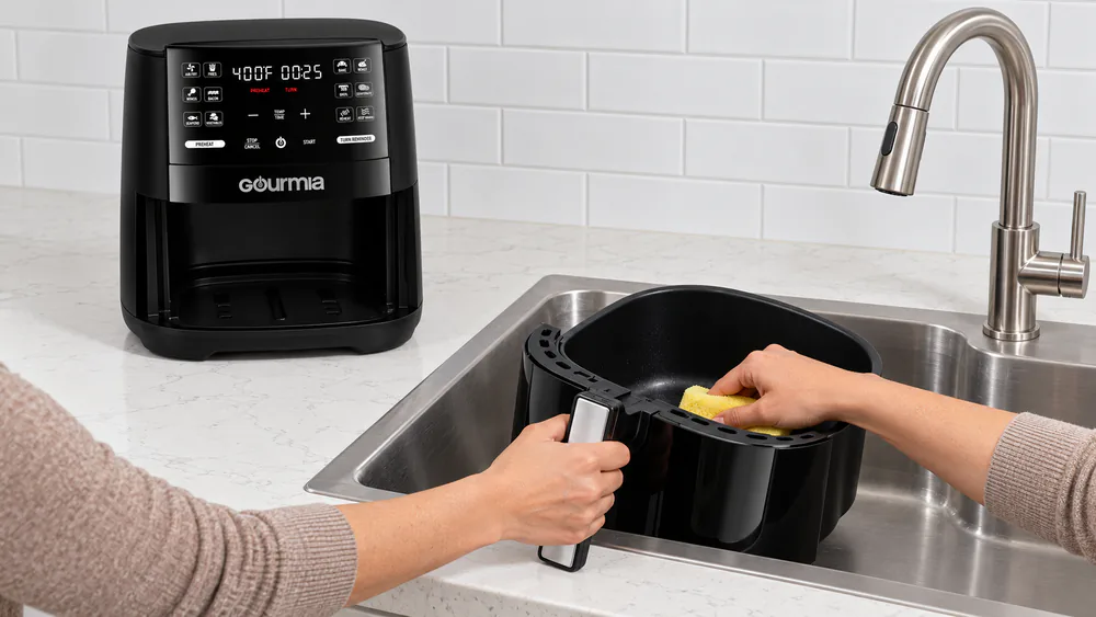 A Gourmia GAF612 nonstick basket being wiped clean with a soft sponge in a kitchen sink after cooking