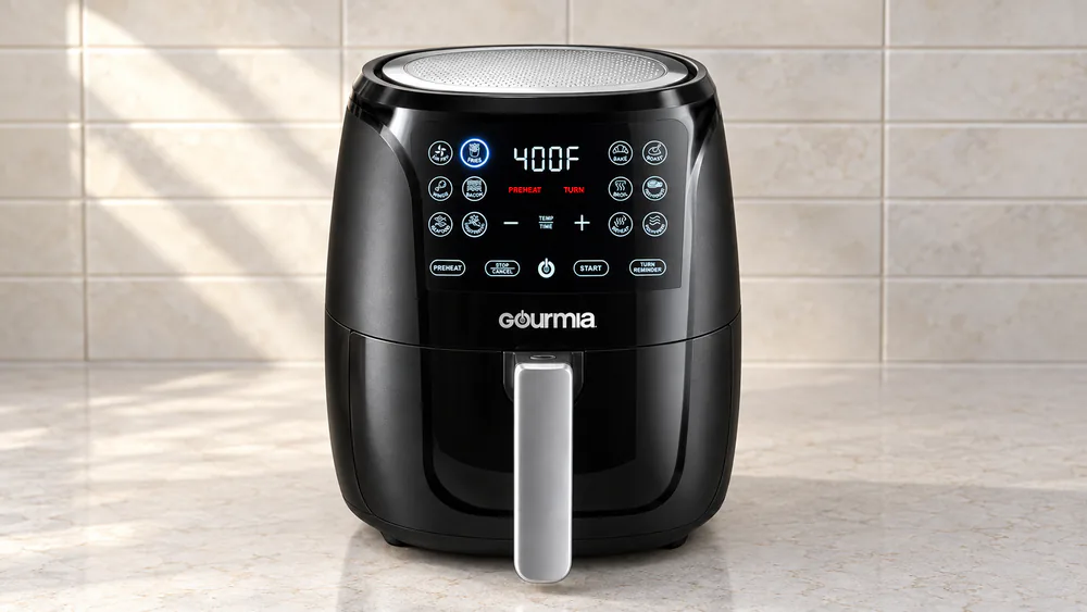 The touchscreen controls of a Gourmia GAF686 6 quart air fryer showing a preset selection with the basket closed