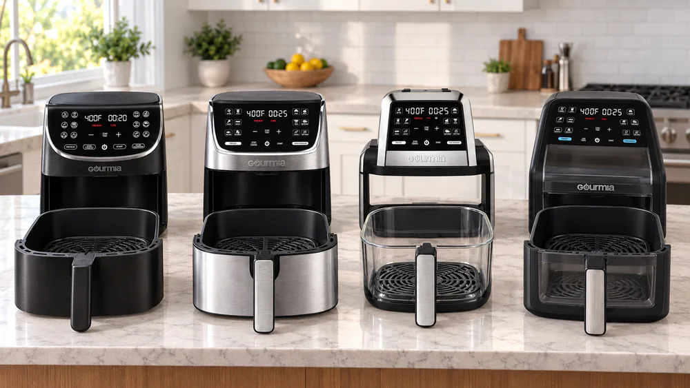 Four Gourmia 7-quart air fryers lined up on a kitchen counter, the GAF716, GAF734, Fry 'N Fold and Panorama, with baskets pulled out for comparison