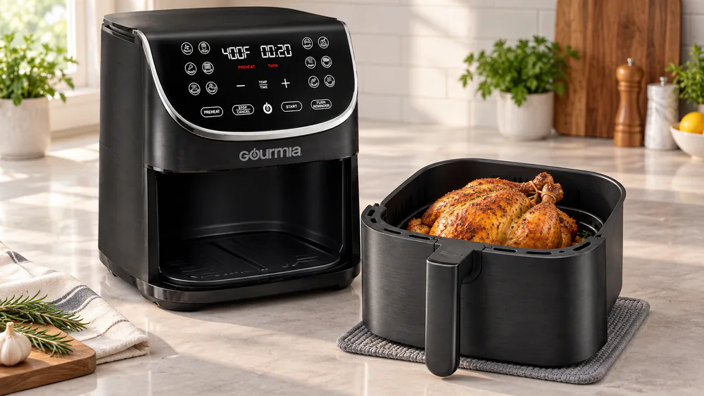 A Gourmia GAF716 7-quart basket pulled out with a whole roasted chicken inside, skin browned, on a kitchen counter