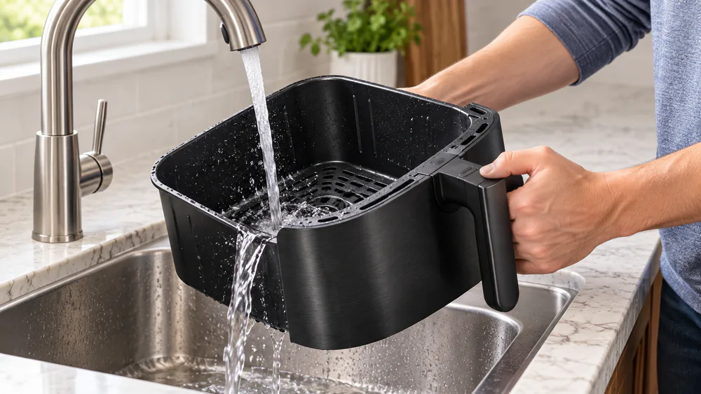 A Gourmia air fryer basket held under warm running water in a kitchen sink after regular use
