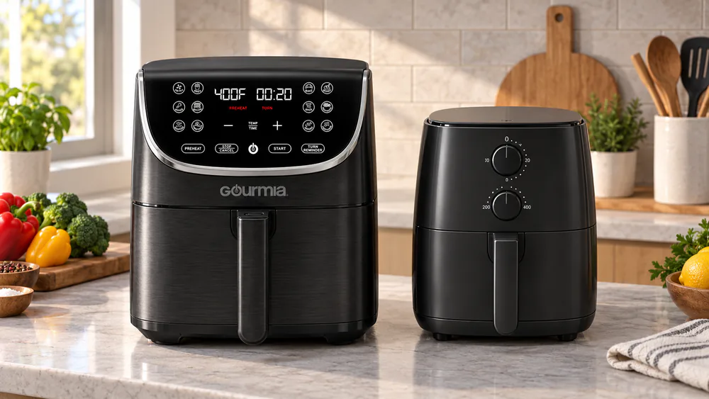 A Gourmia 7-quart air fryer on a kitchen counter next to a smaller 6-quart air fryer, showing the difference in height and width