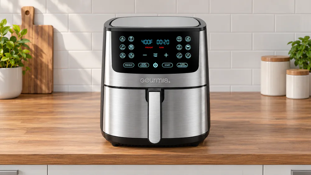 The Gourmia GAF838 touchscreen displaying temperature and time together during a cook