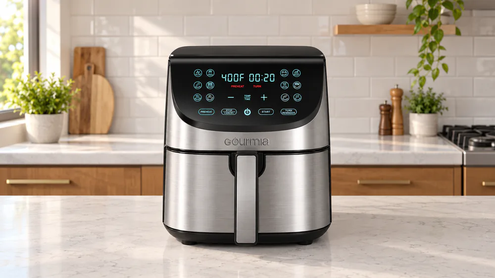 The stainless Gourmia GAF856 8 quart air fryer on a kitchen counter with its icon LED screen lit
