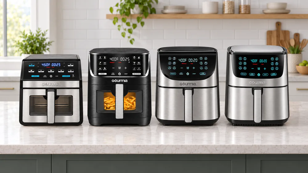 The four Gourmia 8 quart air fryer models, the GAF858 and GAF824 window units beside the GAF856 and GAF838 solid-front units