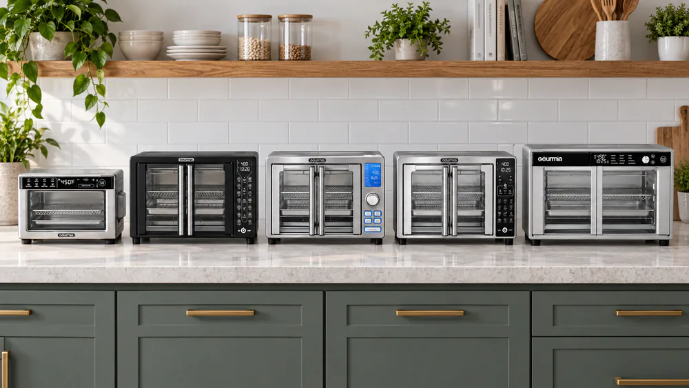 Five Gourmia air fryer toaster ovens lined up on a kitchen counter, from the compact 4-slice to the 9-slice model