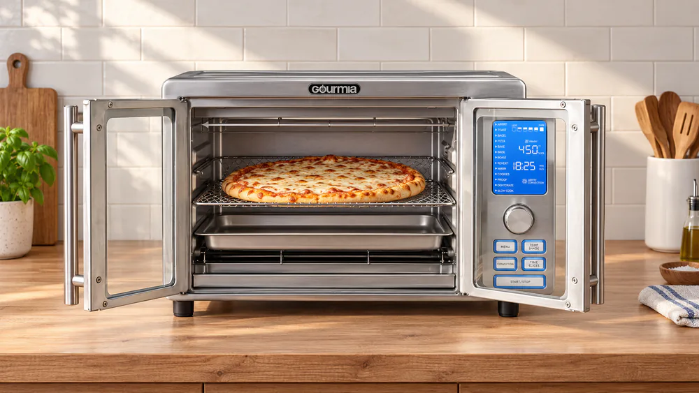 A Gourmia 6-slice French door toaster oven with both doors open and a 12-inch pizza on the rack