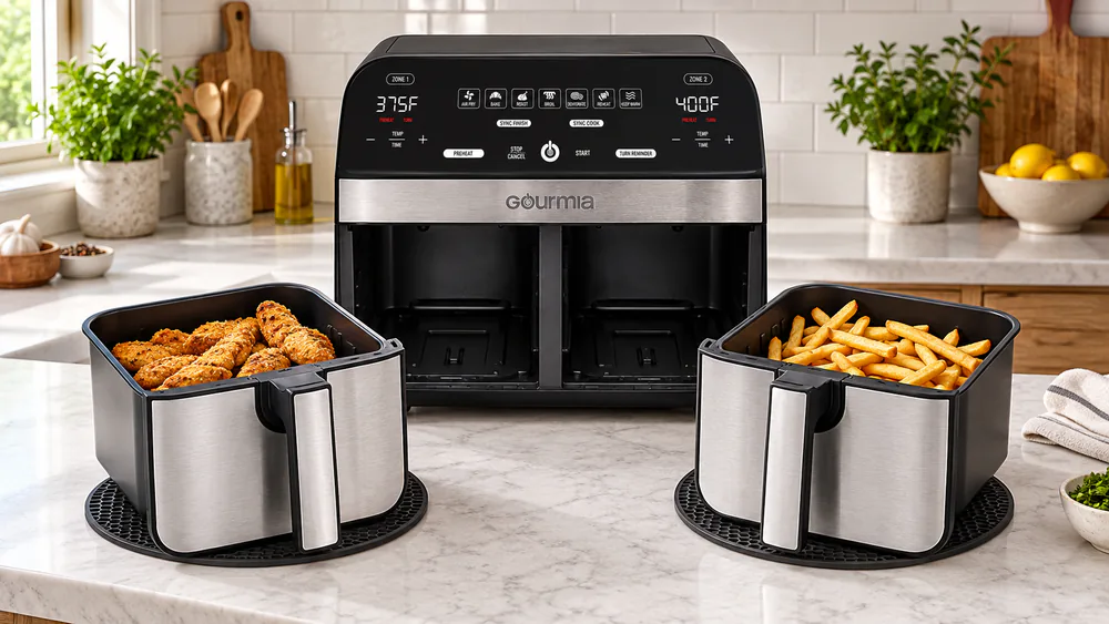 Two Gourmia dual basket air fryer baskets pulled out on a kitchen counter, one holding chicken tenders and the other holding fries, ready to serve