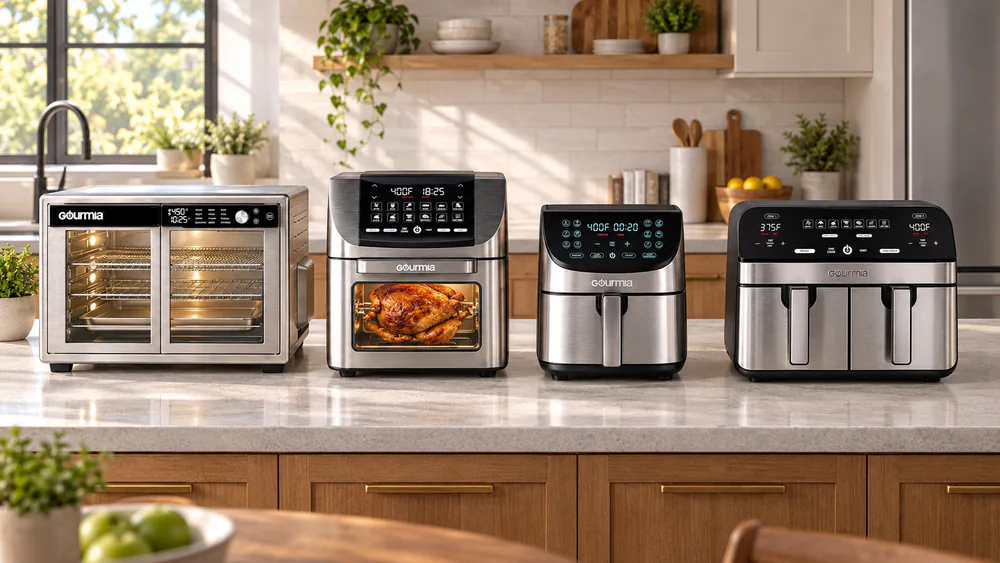 Four Gourmia air fryers, a French door oven, a rotisserie oven, an 8-quart basket model and a dual basket unit, side by side on a family kitchen counter