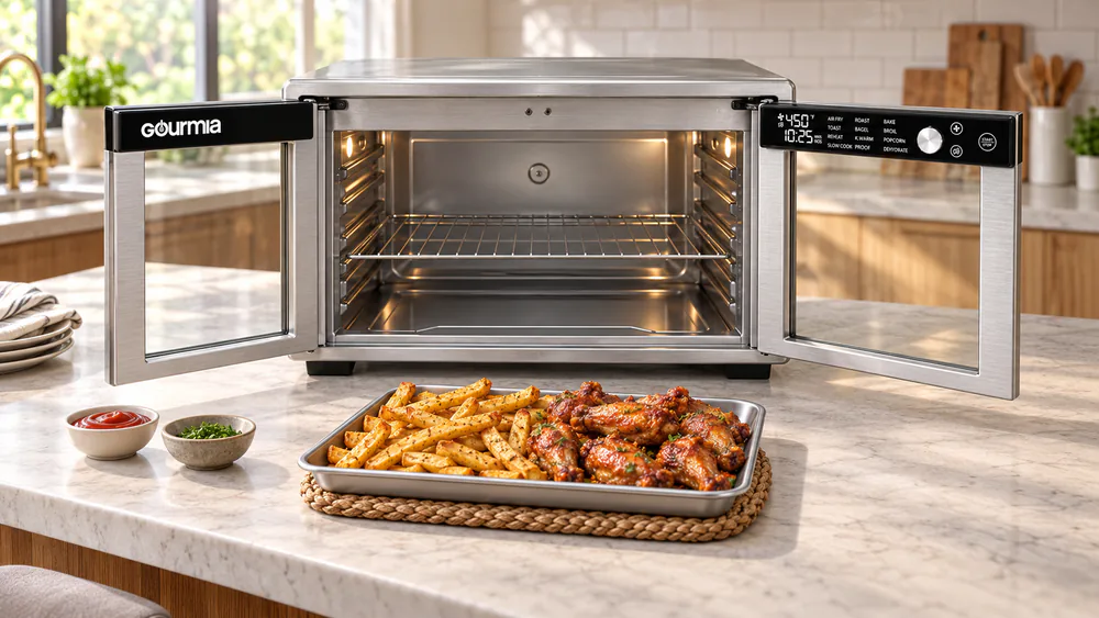 Golden fries and crackly wings on the Gourmia French Door oven baking pan, pulled from the open doors