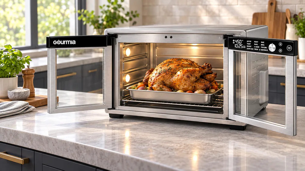 Both doors of the Gourmia French Door 37-Qt oven open with a whole roasted chicken on the baking pan and a family kitchen behind it