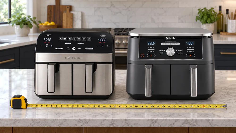 A Gourmia 10-quart dual basket air fryer next to a Ninja DZ401 on a kitchen counter with a tape measure across both