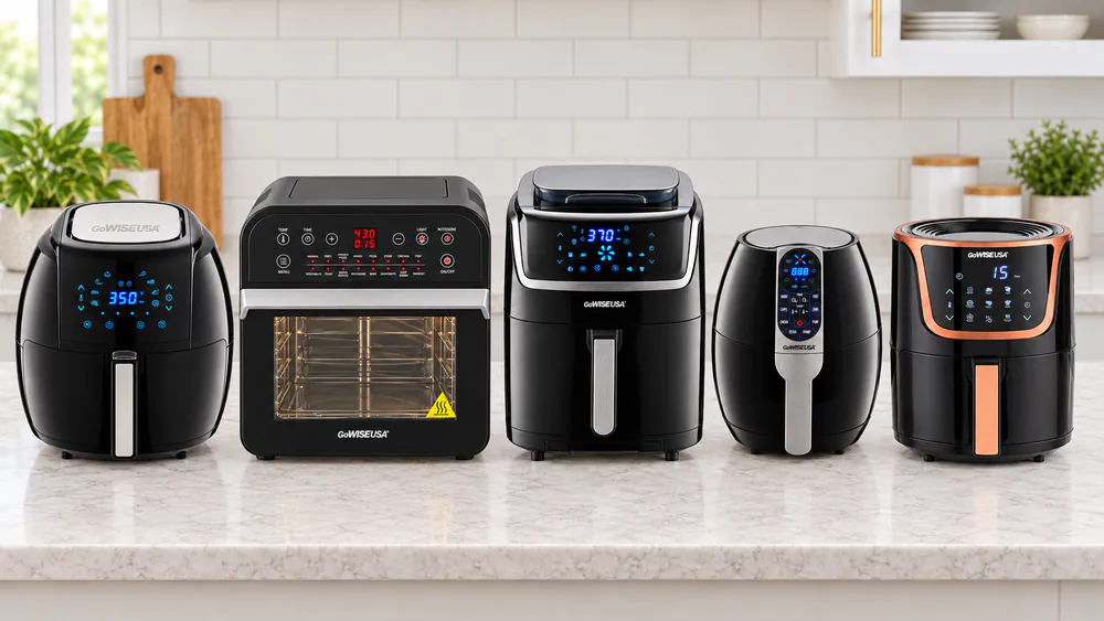 Five GoWISE air fryers of different sizes lined up on a kitchen counter, from a compact 3.7-quart basket model to a large 12.7-quart rotisserie oven