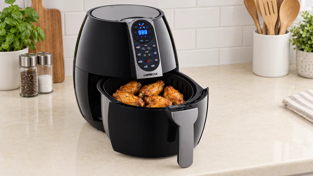 A GoWISE 3.7-quart air fryer basket pulled open on a small kitchen counter, holding a single serving of crisp chicken wings