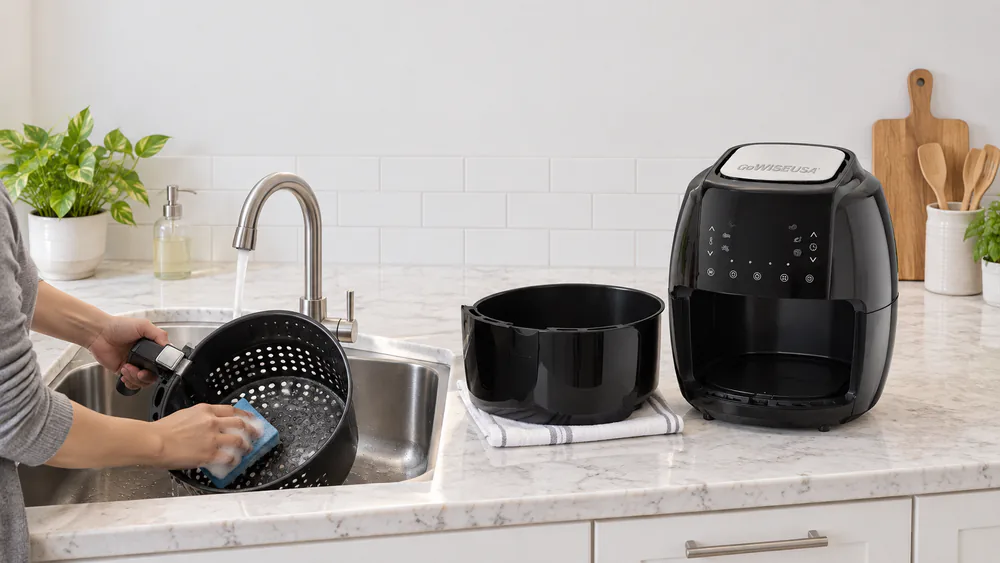 A GoWISE non-stick air fryer basket being wiped with a damp sponge over a kitchen sink, coating smooth and free of stuck-on food