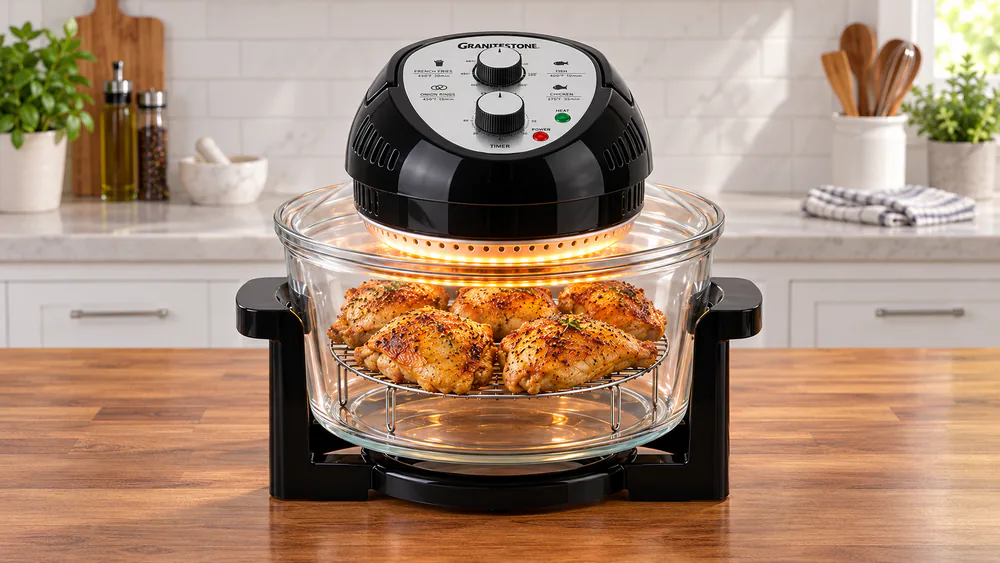 The Granitestone 16 Qt glass air fryer on a kitchen counter with chicken browning visible through the clear glass bowl and stainless racks