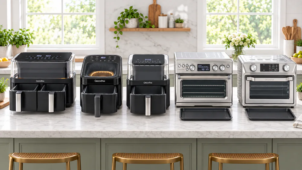 All five GreenPan air fryers, three basket and drawer models and two countertop ovens, lined up on a kitchen counter with their ceramic nonstick baskets and trays pulled out