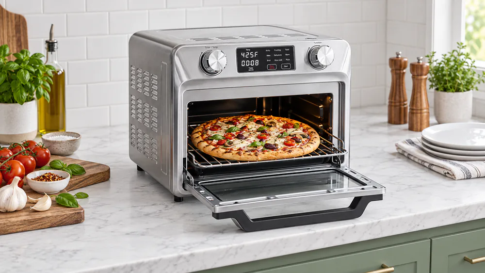 GreenPan Bistro 9-in-1 Air Fry Oven open on a counter with a 13-inch pizza on the rack and cool-touch handles visible